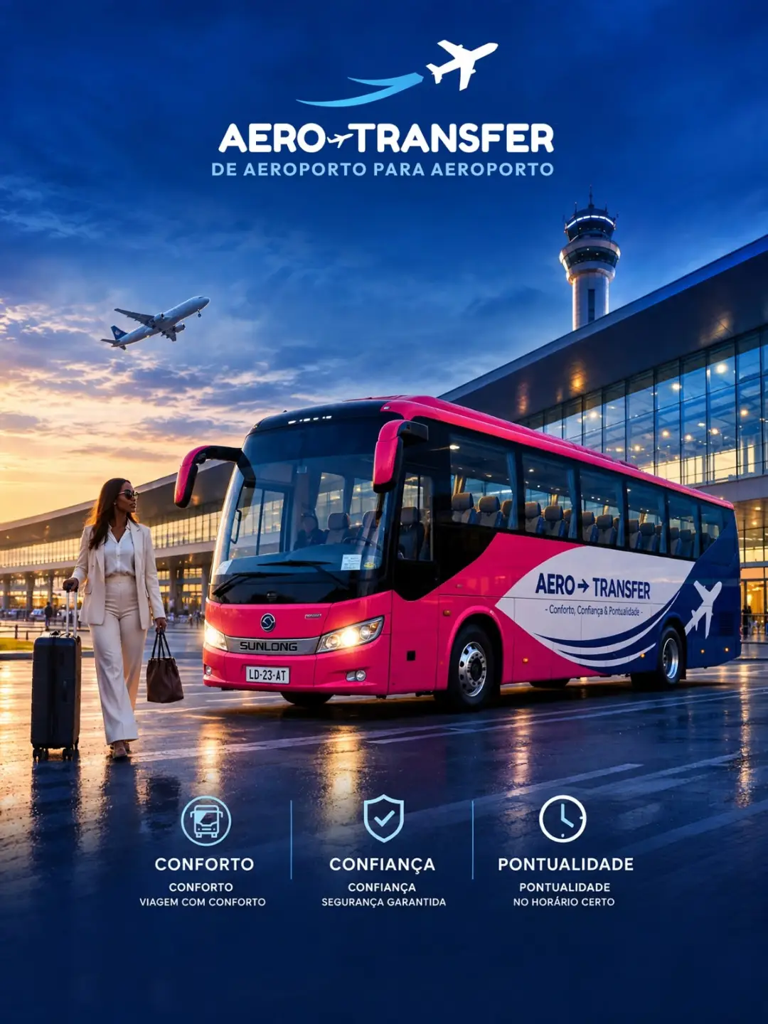 Autocarro SUNLONG LHD 38+1 da Aero-Transfer em frente ao terminal aeroportuário de Luanda